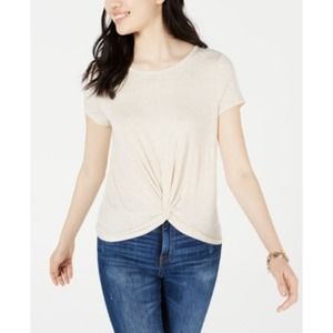 Womens Knotted Bottom Short Sleeve Crew Neck T-Shirt, Beige, Sz Lg